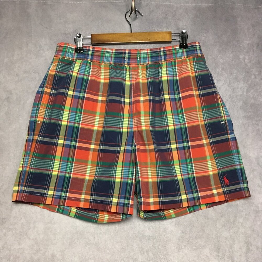 Polo RL Mens Plaid Swim Trunk Shorts size Large Red Green Mesh Inner Briefs